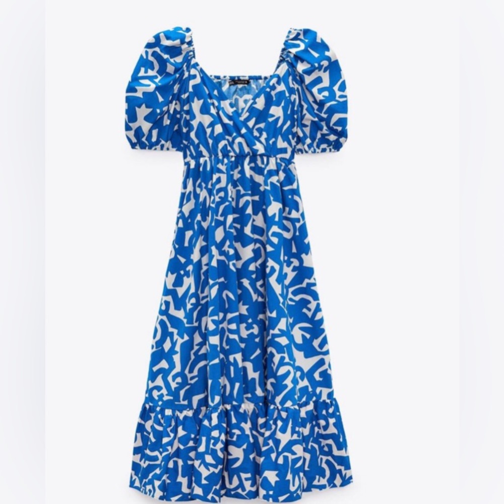 Zara Blue Floral Printed Poplin Dress XS NWT
